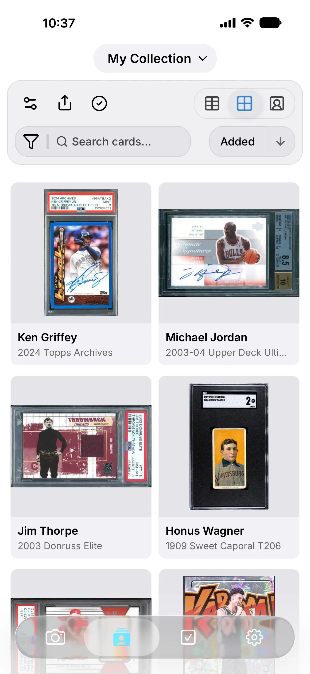 Mobile collection view with organized cards